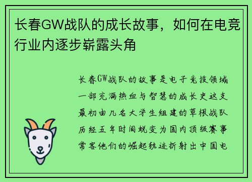 长春GW战队的成长故事，如何在电竞行业内逐步崭露头角